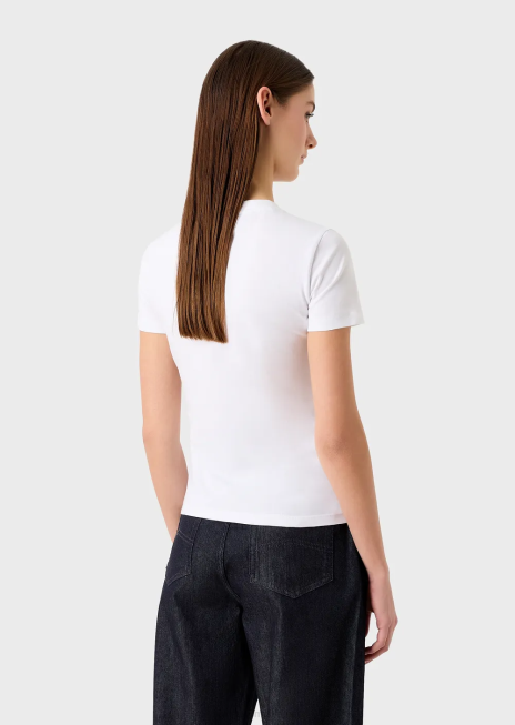 femei R802G454 tricou din jerseu stretch cu imprimeu manga urs Armani alb