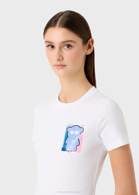 femei R802G454 tricou din jerseu stretch cu imprimeu manga urs Armani alb