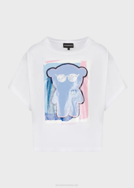 femei R802G455 tricou boxy din jerseu ușor, cu imprimeu supradimensionat de urs manga Armani alb