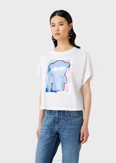 femei R802G455 tricou boxy din jerseu ușor, cu imprimeu supradimensionat de urs manga Armani alb