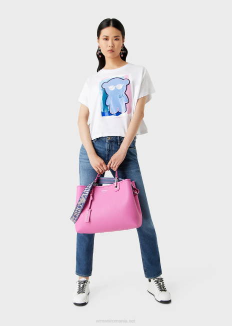 femei R802G455 tricou boxy din jerseu ușor, cu imprimeu supradimensionat de urs manga Armani alb