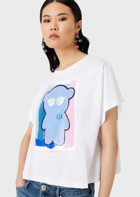 femei R802G455 tricou boxy din jerseu ușor, cu imprimeu supradimensionat de urs manga Armani alb