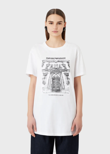 femei R802G456 tricou supradimensionat din jerseu organic, cu imprimeu via borgonuovo Armani alb