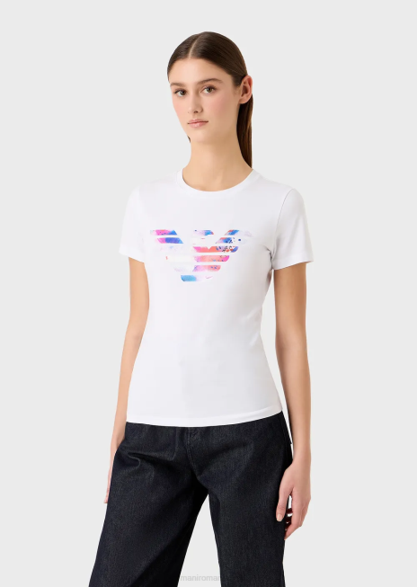 femei R802G458 tricou din jerseu stretch cu model de vultur supradimensionat Armani alb