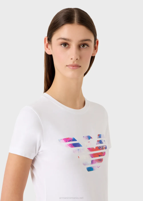 femei R802G458 tricou din jerseu stretch cu model de vultur supradimensionat Armani alb