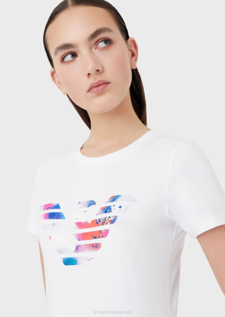 femei R802G458 tricou din jerseu stretch cu model de vultur supradimensionat Armani alb