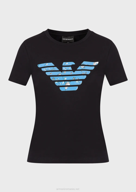 femei R802G459 tricou din jerseu stretch cu model de vultur supradimensionat Armani albastru marin