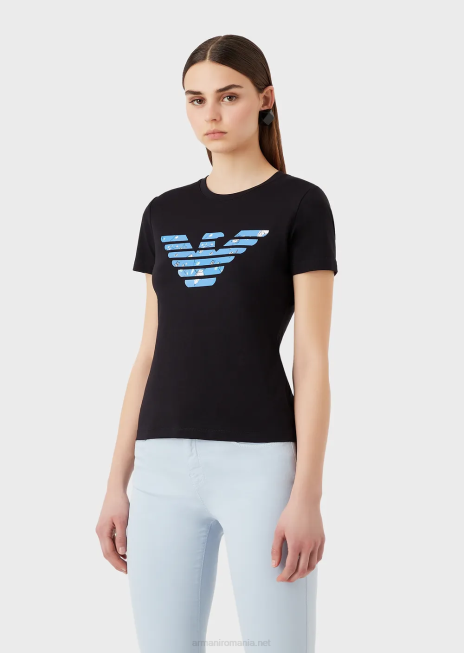 femei R802G459 tricou din jerseu stretch cu model de vultur supradimensionat Armani albastru marin