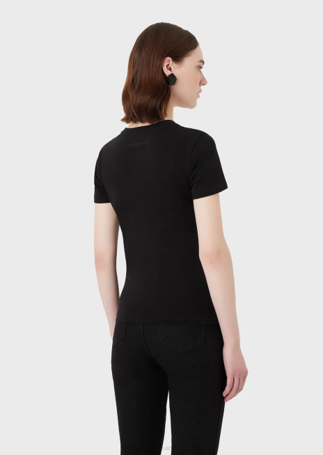 femei R802G460 Tricou din jerse elastic organic cu broderie cu logo multicolor Armani negru