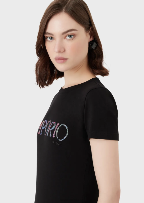 femei R802G460 Tricou din jerse elastic organic cu broderie cu logo multicolor Armani negru