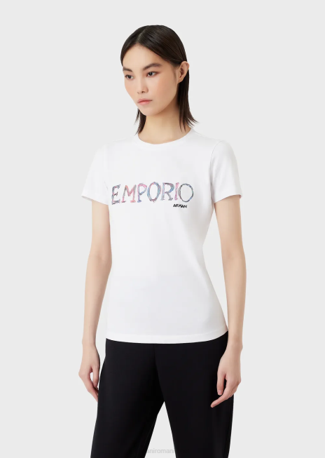 femei R802G461 Tricou din jerse elastic organic cu broderie cu logo multicolor Armani alb