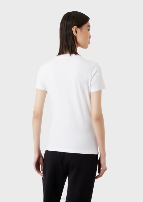 femei R802G461 Tricou din jerse elastic organic cu broderie cu logo multicolor Armani alb