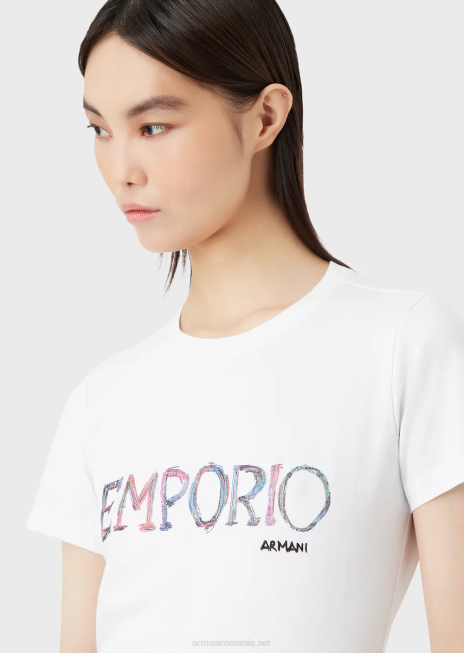 femei R802G461 Tricou din jerse elastic organic cu broderie cu logo multicolor Armani alb