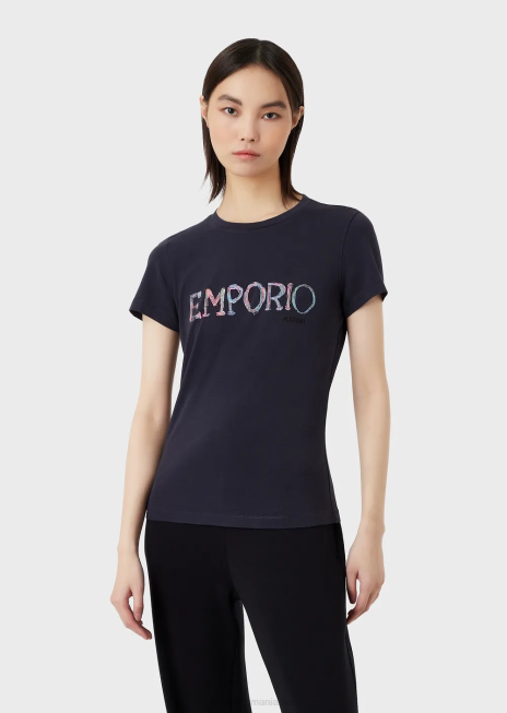 femei R802G462 Tricou din jerse elastic organic cu broderie cu logo multicolor Armani albastru