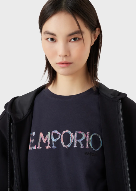 femei R802G462 Tricou din jerse elastic organic cu broderie cu logo multicolor Armani albastru