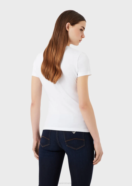 femei R802G463 tricou organic din jerseu elastic cu logo multicolor cu strass Armani alb