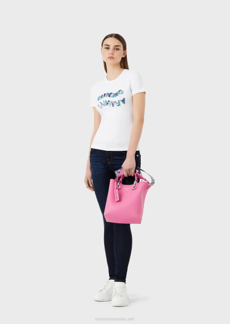 femei R802G463 tricou organic din jerseu elastic cu logo multicolor cu strass Armani alb