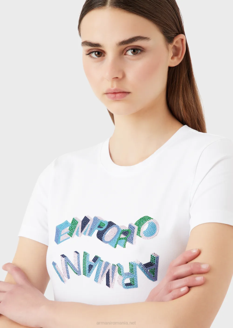 femei R802G463 tricou organic din jerseu elastic cu logo multicolor cu strass Armani alb