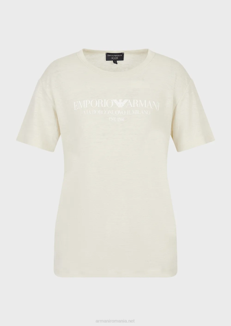 femei R802G467 tricou din jerseu slub din amestec de in, cu logo Armani bej