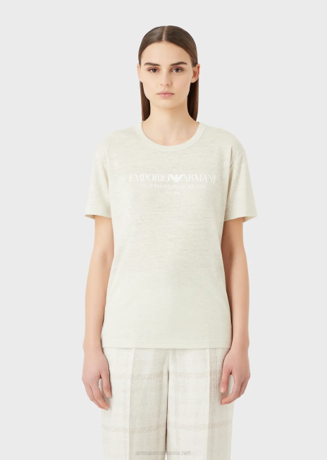 femei R802G467 tricou din jerseu slub din amestec de in, cu logo Armani bej