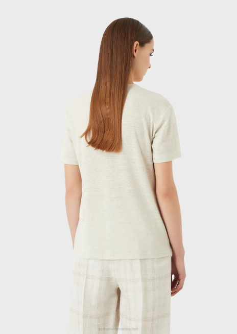 femei R802G467 tricou din jerseu slub din amestec de in, cu logo Armani bej