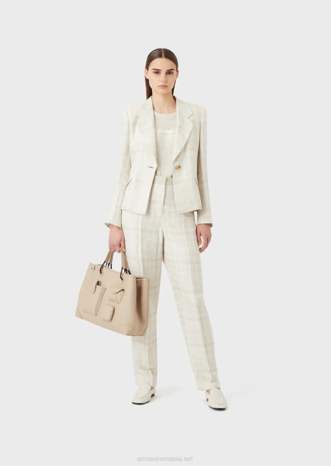 femei R802G467 tricou din jerseu slub din amestec de in, cu logo Armani bej