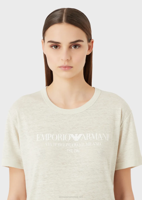 femei R802G467 tricou din jerseu slub din amestec de in, cu logo Armani bej