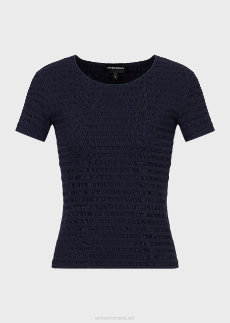 femei R802G473 pulover cu mânecă scurtă din jerseu organic jacquard în relief Armani albastru marin