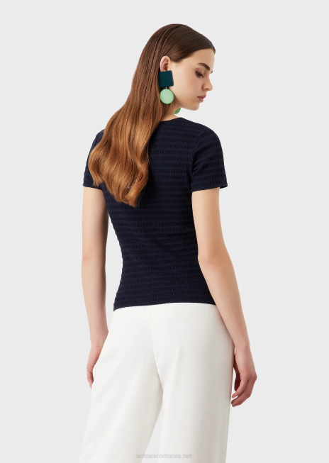 femei R802G473 pulover cu mânecă scurtă din jerseu organic jacquard în relief Armani albastru marin