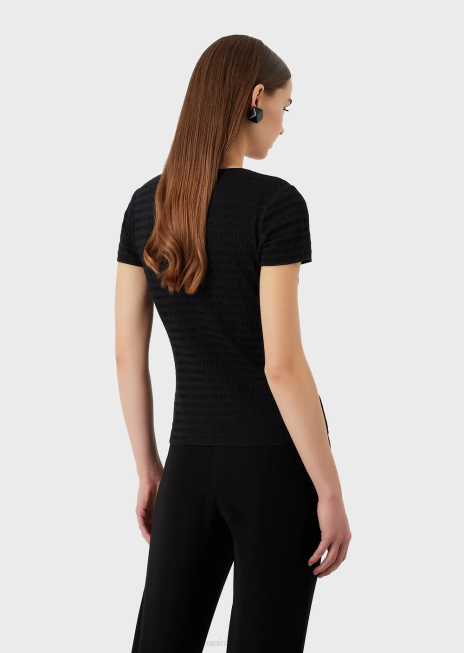 femei R802G475 pulover cu mânecă scurtă din jerseu organic jacquard în relief Armani negru