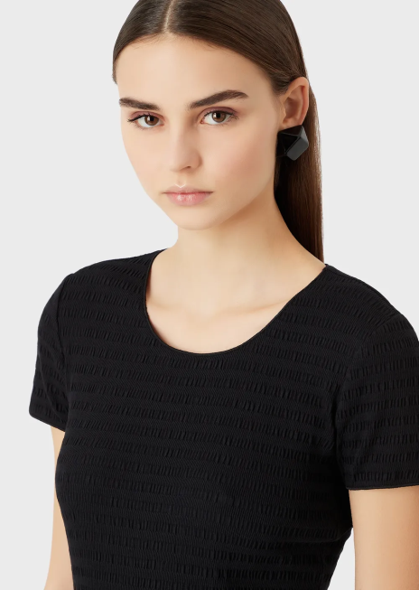 femei R802G475 pulover cu mânecă scurtă din jerseu organic jacquard în relief Armani negru