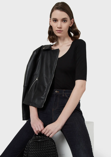 femei R802G481 Pulover din jerseu elastic din viscoză, cu mâneci trei sferturi Armani negru