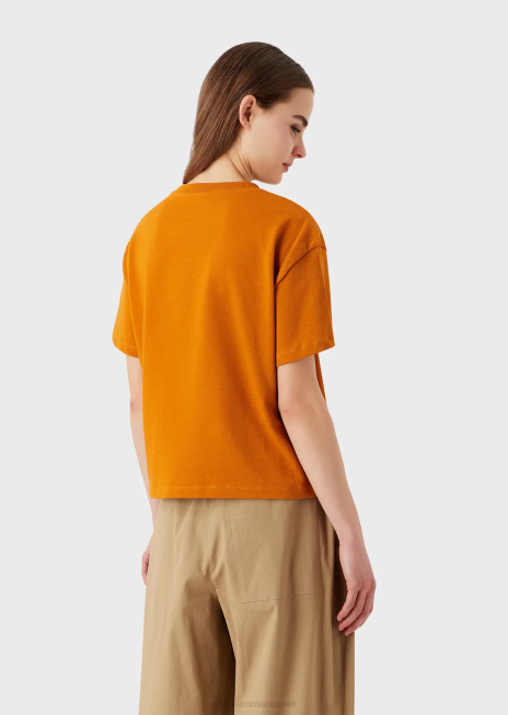 femei R802G482 tricou din jerseu american organic cu imprimeu de colecție sustenabilă Armani portocale