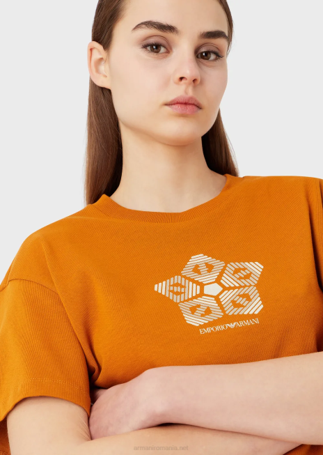femei R802G482 tricou din jerseu american organic cu imprimeu de colecție sustenabilă Armani portocale