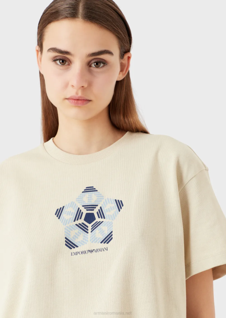 femei R802G483 tricou din jerseu american organic cu imprimeu de colecție sustenabilă Armani bej