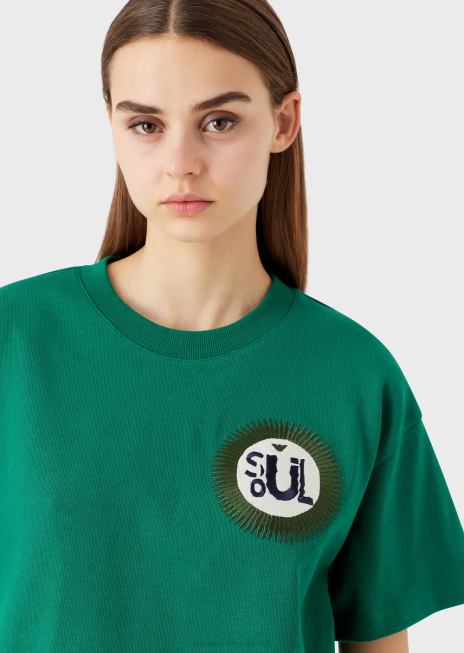 femei R802G485 colecție sustenabilă tricou din jerseu american organic cu plasture Armani verde