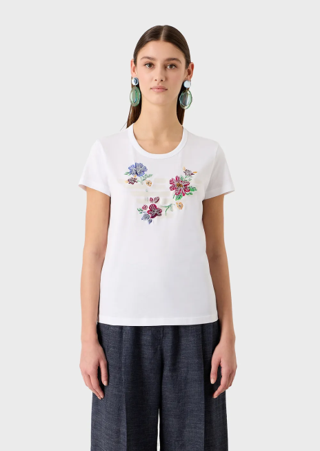 femei R802G490 tricou din jerseu cu vultur cauciucat supradimensionat și broderie de flori cu margele Armani alb