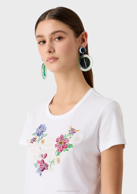 femei R802G490 tricou din jerseu cu vultur cauciucat supradimensionat și broderie de flori cu margele Armani alb