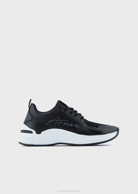 femei R802G550 adidași din piele și plasă cu logo-ul semnăturii Armani negru