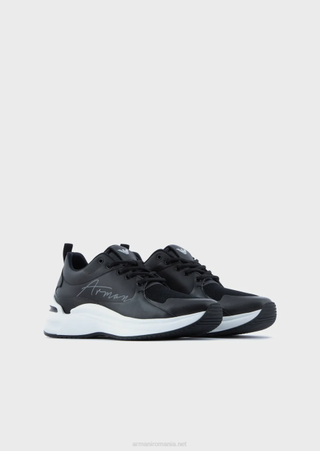 femei R802G550 adidași din piele și plasă cu logo-ul semnăturii Armani negru