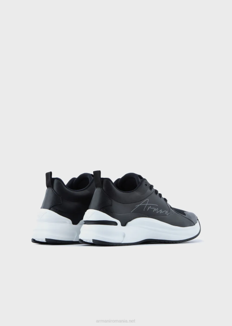 femei R802G550 adidași din piele și plasă cu logo-ul semnăturii Armani negru