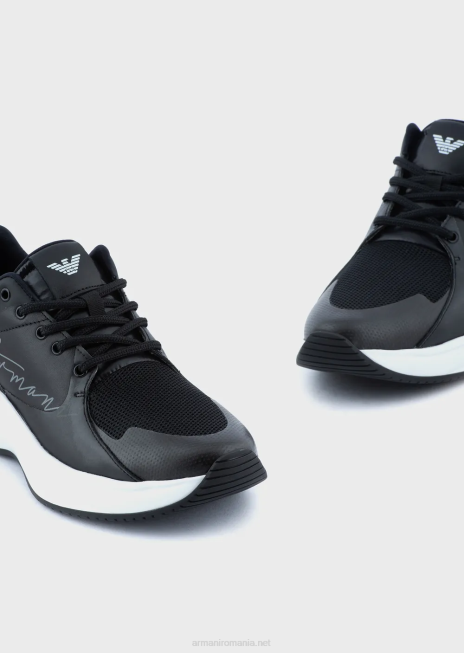 femei R802G550 adidași din piele și plasă cu logo-ul semnăturii Armani negru