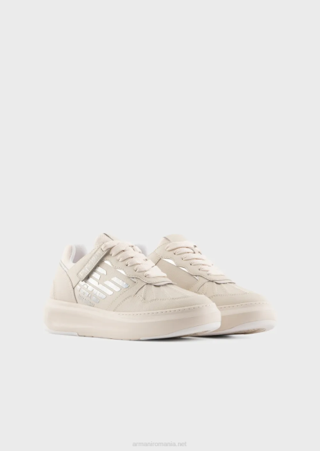 femei R802G560 adidași din piele cu vultur laminat Armani alb ca laptele