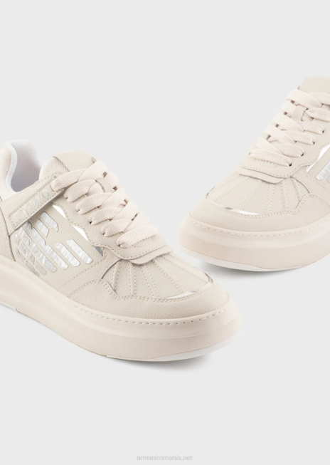 femei R802G560 adidași din piele cu vultur laminat Armani alb ca laptele