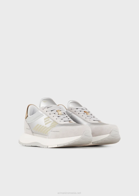 femei R802G561 adidasi din piele intoarsa si nailon cu vultur supradimensionat Armani argint