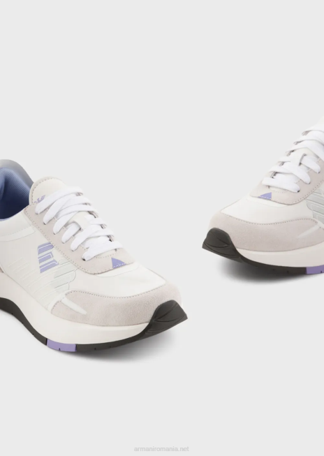 femei R802G562 adidasi din piele intoarsa si nailon cu vultur supradimensionat Armani alb