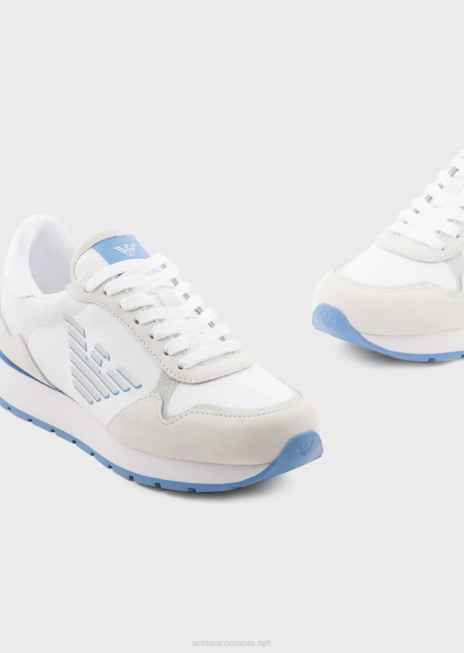 femei R802G565 adidasi din piele intoarsa si nailon cu vultur supradimensionat Armani alb