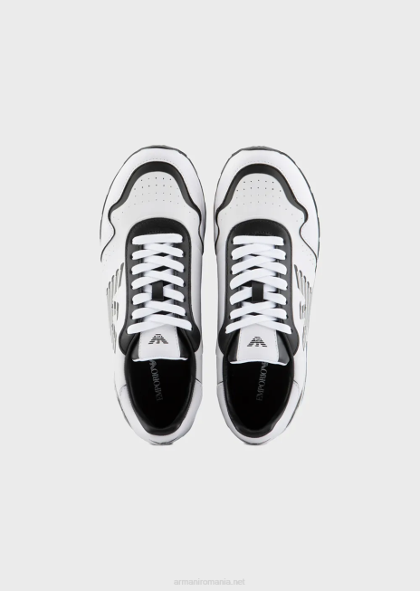 femei R802G567 adidasi din piele cu vultur contrastant Armani bianco e nero