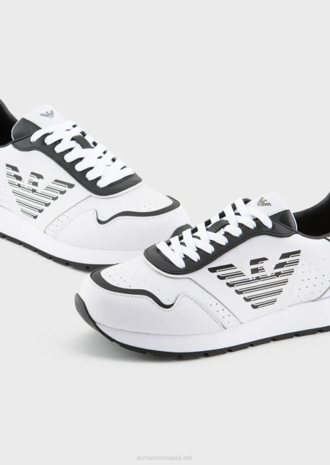 femei R802G567 adidasi din piele cu vultur contrastant Armani bianco e nero