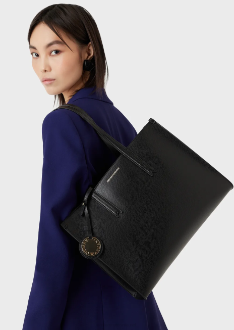 femei R802G734 geantă shopper cu finisaj piele palmellato cu farmec Armani negru